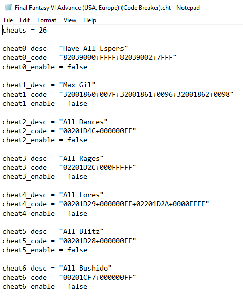 Final Fantasy VI Advance Cheat File